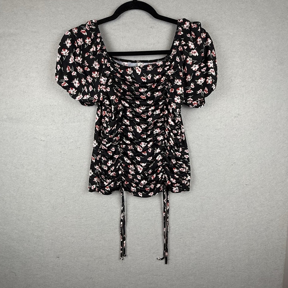 Womens Milkmaid Coquette Ruched Top Black Floral Puff Sleeve Y2K Feminine Sz S